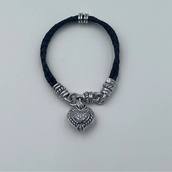 Judith Ripka Jewelry - Judith Ripka Sterling Silver Braided Black Leather CZ Heart Charm Bracelet 7”